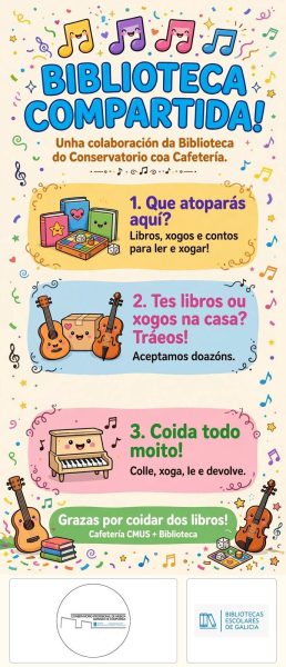 Cartel de Biblioteca compartida, unha colaboración da biblioteca do conservatorio coa cafetería